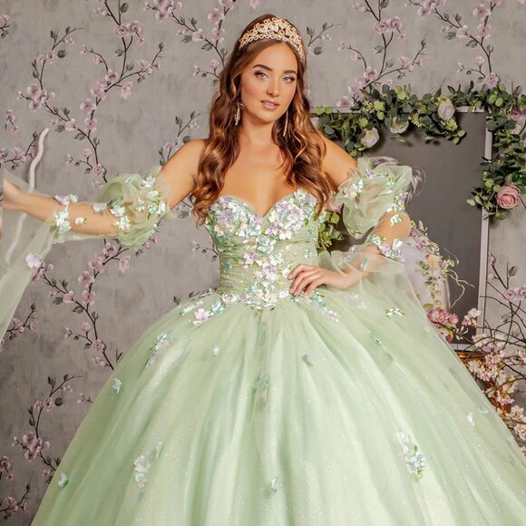 New Strapless Mesh Quinceanera Gown w/Sweetheart Neck & Floral Embroidery GL3300 - Picture 1 of 14